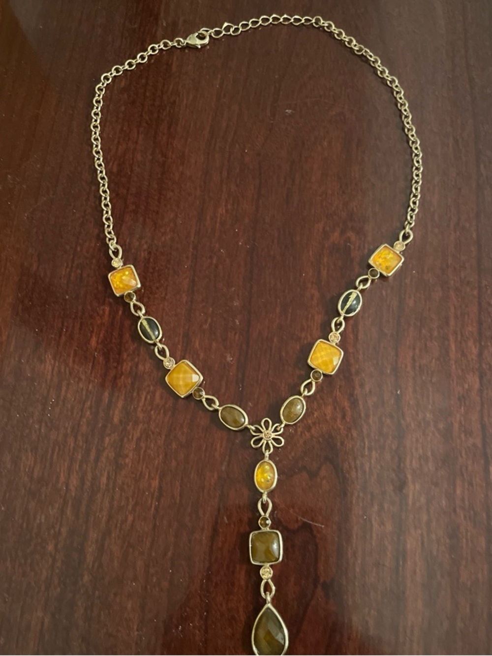 Vintage Gold-Tone Floral Drop Necklace with Amber and Brown Stones retro